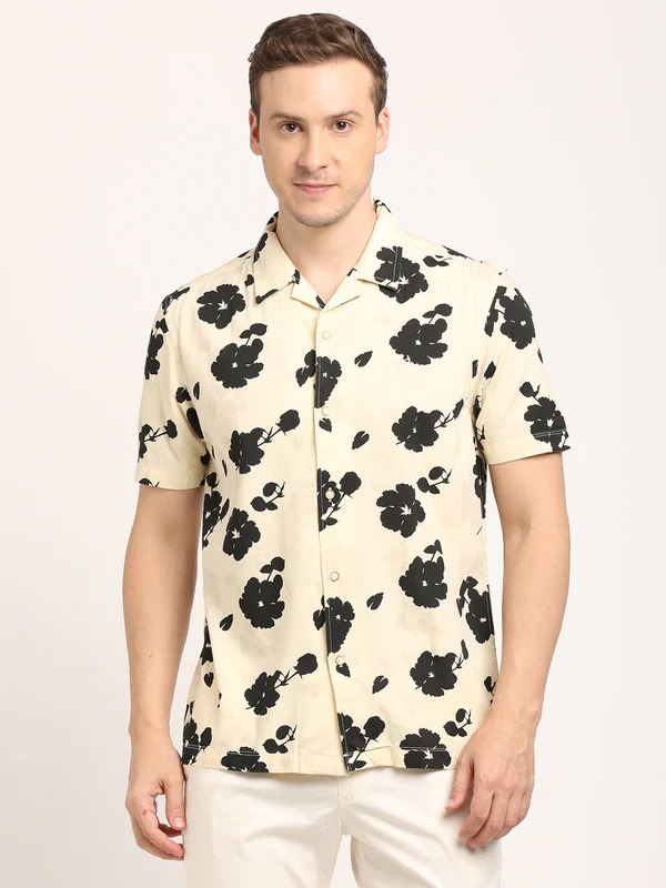 Indian Terrain Men's Slim Fit Half Sleeve All Over Print Beige Shirt